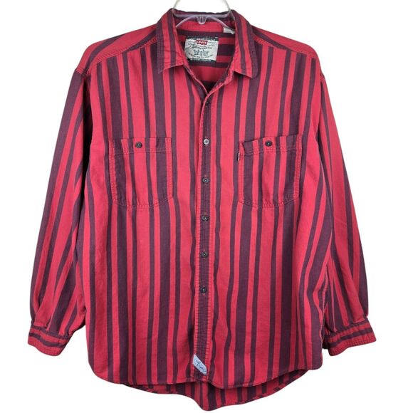 Vintage Levi's Men's Sz XL Long Sleeve Button Up Shirt Red Blue Striped - Picture 1 of 10